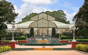Glasshouse and fountain at lalbagh
